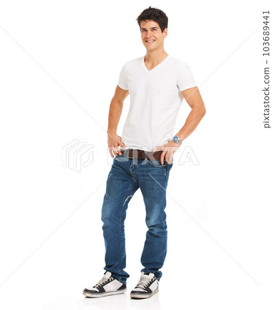 Portrait, beauty and man with a smile, casual outfit and confident guy isolated against a white studio background. Face, male person and model with full body, happiness and trendy clothes on backdrop 103689441