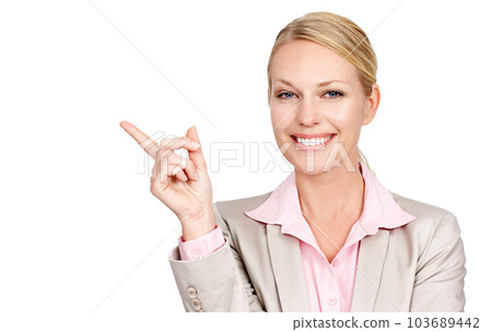 Portrait, pointing and woman with a decision, business and consultant isolated against white studio background. Face, female person or employee with hand gesture, choice or opportunity with direction Portrait, pointing and woman with a decision, business and consultant isolated against white studio background. Face, female person or employee with hand gesture, choice or opportunity with direction 103689442