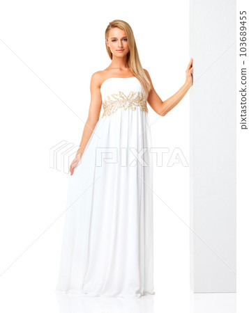 Fashion, beauty and portrait of woman in prom dress for party, celebration or formal with mockup. Couture, designer or luxury with girl in evening gown isolated on white background for elegant style 103689455