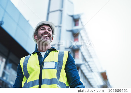 Engineering, building and happy with man in city for planning, designer or industry. Architecture, project management or infrastructure with male contractor on construction site for inspection 103689461