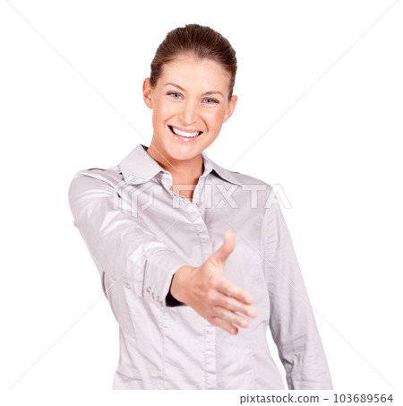 Pleased to meet you. A beautiful young woman offering you a handshake while isolated on a white background. 103689564