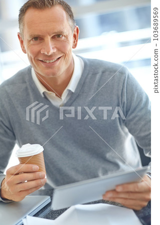 Businessman, portrait and tablet in coffee break for company management, planning and research. Smile, happy and mature ceo, manager or boss with digital technology, takeaway cup and tea in office 103689569