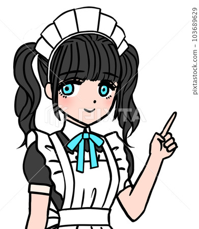 Dark-haired maid with blue breast ribbon teaching by pointing 103689629
