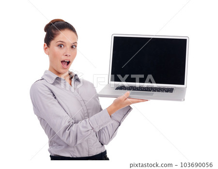 Laptop screen, business surprise and portrait woman with studio mockup shock over online feedback notification. Wow news, OMG and female employee with promo presentation isolated on white background Laptop screen, business surprise and portrait woman with studio mockup shock over online feedback notification. Wow news, OMG and female employee with promo presentation isolated on white background 103690056