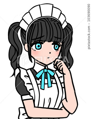 Black-haired maid with blue breast ribbon in trouble Black-haired maid with blue breast ribbon in trouble 103690090