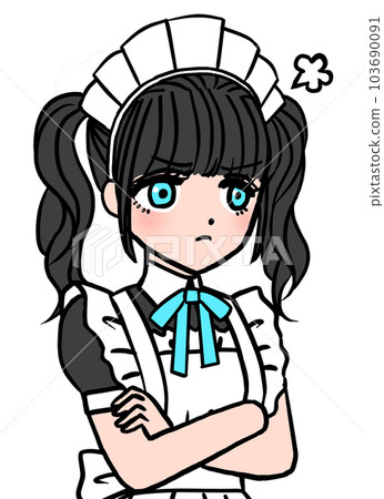 Dark-haired maid with blue chest ribbon crossing her arms angrily Dark-haired maid with blue chest ribbon crossing her arms angrily 103690091