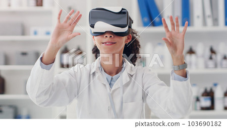 Science, virtual reality and metaverse with woman in laboratory for research, pharmacy and technology. Future, 3d and medical with scientist and headset for cyber, healthcare and digital development 103690182