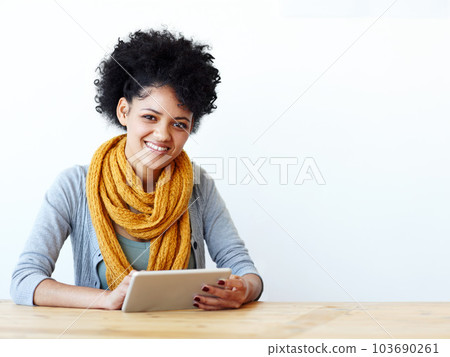 Tablet, online and woman portrait isolated on wall background for college, university or studying mockup. E learning, scholarship and happy face of african person on digital technology or web mock up 103690261