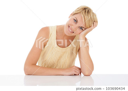 Im happy with who I am. A beautiful young woman sitting above copyspace while isolated on white. Im happy with who I am. A beautiful young woman sitting above copyspace while isolated on white. 103690434