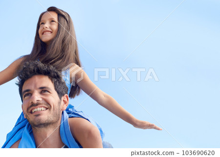 Blue sky, piggyback and happy family dad, kid or people looking at mockup, nature holiday or outdoor view. Fun shoulder ride, freedom and child bonding with dad on travel, vacation or relax walk Blue sky, piggyback and happy family dad, kid or people looking at mockup, nature holiday or outdoor view. Fun shoulder ride, freedom and child bonding with dad on travel, vacation or relax walk 103690620
