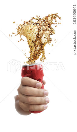 Compressed cans in hand. Cola splashing out of a red can isolated on white background 103690641