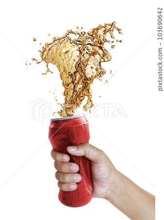 Compressed cans in hand. Cola splashing out of a red can isolated on white background 103690642
