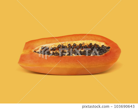 Half of ripe papaya fruit with seeds on a color background. Appetizing tropical fruit Half of ripe papaya fruit with seeds on a color background. Appetizing tropical fruit 103690643