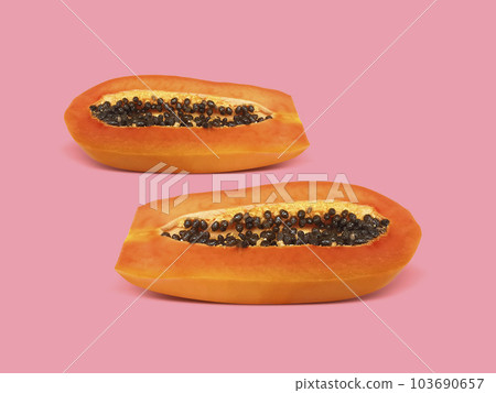 Half of ripe papaya fruit with seeds on a color background. Appetizing tropical fruit 103690657