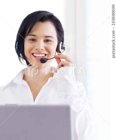 Telemarketing, portrait and woman customer support consultant doing online consultation in the office. Contact us, crm and professional female call center agent working with a headset in workplace. 103690699