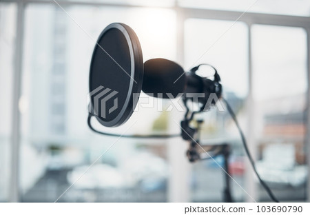 Microphone, audio and technology, podcast or radio with sound equipment closeup and broadcast media. Public relations, live streaming and production in studio with content creation and social network 103690790