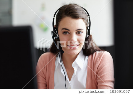 Portrait, call center and happy woman in office for virtual communication, online support or e learning consultant. Face of agent, web advisor or person for elearning services, helping or course info 103691097