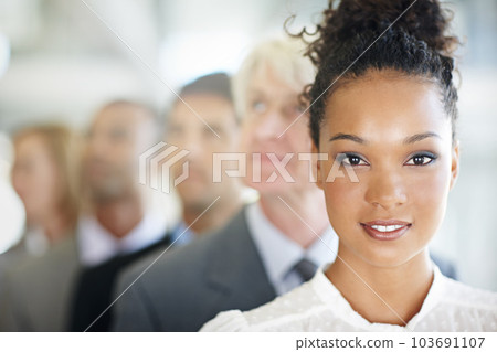 Business woman, face and portrait of leader in management, leadership or diversity at the office. Corporate female person or boss in diverse group, team with unity for company growth at workplace 103691107