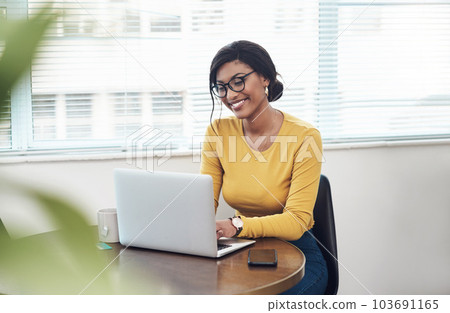 Laptop, office and happy woman with online planning, website research and management software for remote work. Creative business, working and african person on computer at table for home project 103691165