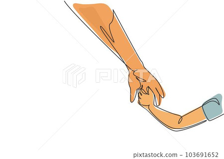 Single continuous line drawing hands of parent and child. Childhood with family. Daughter have bonding with her father. Hero father and family pride. One line draw graphic design vector illustration Single continuous line drawing hands of parent and child. Childhood with family. Daughter have bonding with her father. Hero father and family pride. One line draw graphic design vector illustration 103691652