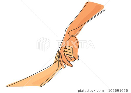 Continuous one line drawing father giving hand to a child. Childhood with family. Boy have bonding with his father. Hero father and family pride. Single line draw design vector graphic illustration 103691656