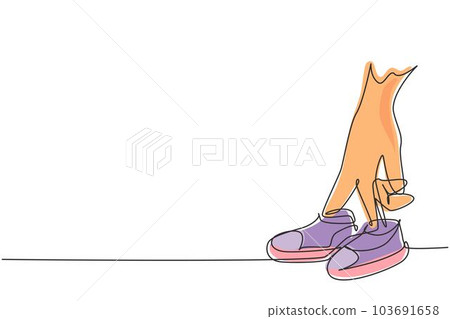 Single one line drawing baby shoes are worn by young mothers' fingers. Beautiful shoes for cute little babies. Happy family concept. Modern continuous line draw design graphic vector illustration Single one line drawing baby shoes are worn by young mothers' fingers. Beautiful shoes for cute little babies. Happy family concept. Modern continuous line draw design graphic vector illustration 103691658