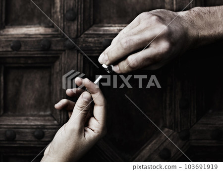 Connection, nut and bolt helping hand in teamwork, diy maintenance or home renovation isolated on wood background. Giving, hands of man and woman with nuts, bolts and support, help working together. 103691919
