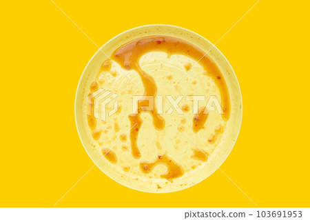 Dirty dish on yellow background. Top view Dirty dish on yellow background. Top view 103691953