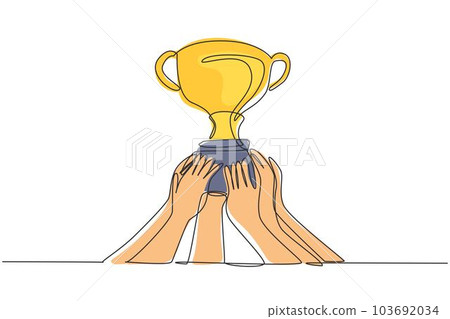Continuous one line drawing golden trophy held by many hands. Symbol of winning championships, matches and sports competitions. Best achievement. Single line draw design vector graphic illustration 103692034