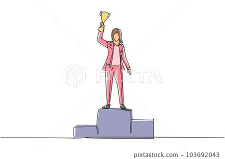 Single continuous line drawing young businesswoman wearing blazer lifting golden trophy with one hand on podium. Celebrating business performance. One line draw graphic design vector illustration 103692043