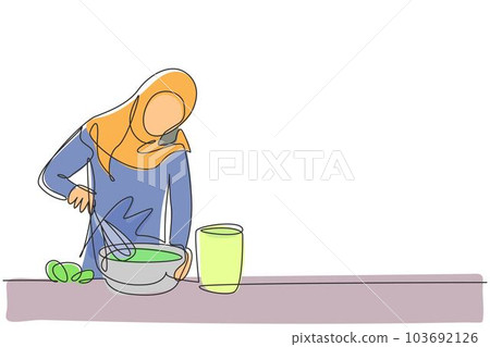 Continuous one line drawing portrait of young Arabian handsome male drinking orange juice from plastic cup. Make him refreshing in summer season. Single line draw design vector graphic illustration 103692126