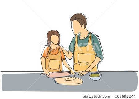 Single one line drawing happy father and daughter wearing apron cook in kitchen. Enjoying kneading cake dough or bakery together at home. Modern continuous line draw design graphic vector illustration Single one line drawing happy father and daughter wearing apron cook in kitchen. Enjoying kneading cake dough or bakery together at home. Modern continuous line draw design graphic vector illustration 103692244