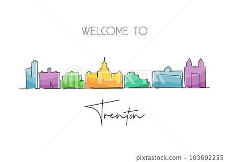Single one line drawing Trenton city skyline, New Jersey. World historical town landscape. Best holiday destination postcard. Editable stroke trendy continuous line draw design vector illustration 103692255