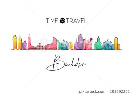 Single one line drawing Boulder city skyline, Colorado. World historical town landscape print. Best holiday destination postcard. Editable stroke trendy continuous line draw design vector illustration Single one line drawing Boulder city skyline, Colorado. World historical town landscape print. Best holiday destination postcard. Editable stroke trendy continuous line draw design vector illustration 103692261