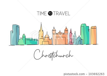 Single one line drawing Christchurch city skyline, New Zealand. World historical town landscape gallery. Best holiday destination postcard print. Trendy continuous line draw design vector illustration 103692263