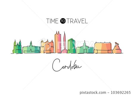 Single one line drawing Cordoba city skyline, Argentina. World historical town landscape. Best holiday destination postcard. Editable stroke trendy continuous line draw design vector illustration 103692265