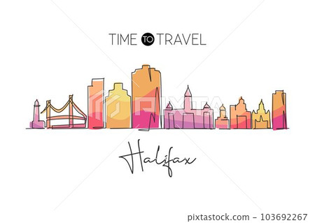 Continuous one line drawing Halifax city skyline, Nova Scotia Canada. Beautiful landmark. World landscape tourism travel wall decor poster print. Stylish single line draw design vector illustration 103692267