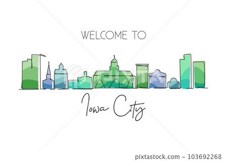 Continuous one line drawing Iowa City skyline. Beautiful landmark gallery artwork. World landscape tourism travel wall decor poster print art. Stylish single line draw design vector illustration 103692268