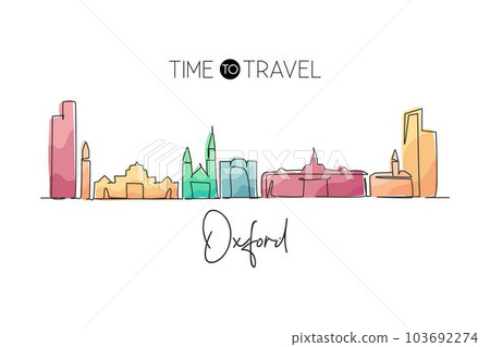 Single continuous line drawing Oxford skyline, Ohio. Famous city scraper landscape gallery. World travel home wall decor art poster print concept. Modern one line draw design vector illustration 103692274