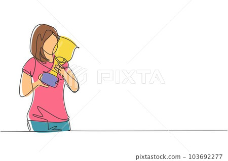 Single continuous line drawing young female athlete wearing jersey kissing national sports competition championship trophy. Proud achievement. Dynamic one line draw graphic design vector illustration Single continuous line drawing young female athlete wearing jersey kissing national sports competition championship trophy. Proud achievement. Dynamic one line draw graphic design vector illustration 103692277