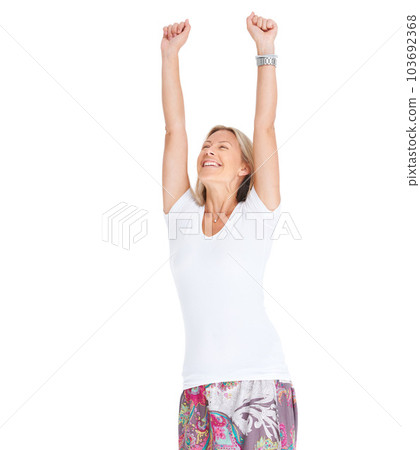 Woman, excited and celebrate win with hands raised for achievement, goal or bonus. Happy female model isolated on a white background for lotto success celebration, news and sale or prize announcement 103692368