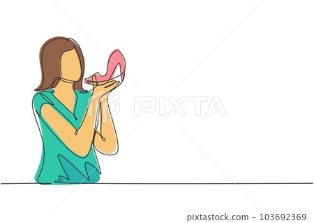 Continuous one line drawing addicted from high heels, young woman kissing her new shoes. Hobby of teenage beautiful girl with her shoe collection. Single line draw design vector graphic illustration Continuous one line drawing addicted from high heels, young woman kissing her new shoes. Hobby of teenage beautiful girl with her shoe collection. Single line draw design vector graphic illustration 103692369