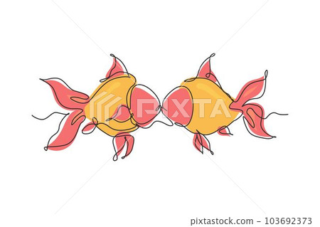 Single continuous line drawing two goldfishes kissing underwater. Pair of cute pets. Live in aquarium together. Happy romantic couple symbol. Dynamic one line draw graphic design vector illustration Single continuous line drawing two goldfishes kissing underwater. Pair of cute pets. Live in aquarium together. Happy romantic couple symbol. Dynamic one line draw graphic design vector illustration 103692373