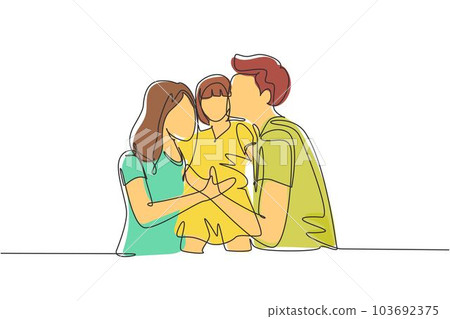 Single continuous line drawing parents kissing their little girl on her cheeks. Adorable child with an innocent expression. National children's day. One line draw graphic design vector illustration 103692375