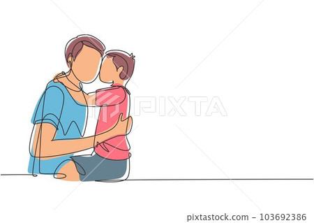 Single one line drawing sweet little boy is hugging and kissing his handsome daddy in cheek while sitting on bed at home. Fathers day. Modern continuous line draw design graphic vector illustration Single one line drawing sweet little boy is hugging and kissing his handsome daddy in cheek while sitting on bed at home. Fathers day. Modern continuous line draw design graphic vector illustration 103692386