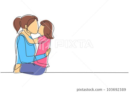 Single continuous line drawing sweet little girl is hugging and kissing her beautiful mom in cheek while sitting on bed at home. Mothers day. Dynamic one line draw graphic design vector illustration Single continuous line drawing sweet little girl is hugging and kissing her beautiful mom in cheek while sitting on bed at home. Mothers day. Dynamic one line draw graphic design vector illustration 103692389