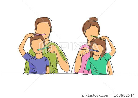 Single continuous line drawing smiling children brushes their teeth with mom and dad in bathroom. Routine habits for cleanliness of mouth and teeth. One line draw graphic design vector illustration 103692514