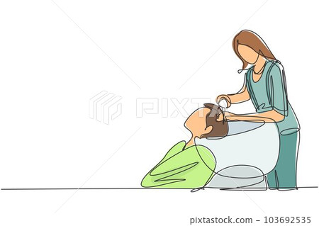 Single continuous line drawing like a princess. Side view photo of young relaxed woman washing hair in hair salon. Hair style beauty concept. Dynamic one line draw graphic design vector illustration Single continuous line drawing like a princess. Side view photo of young relaxed woman washing hair in hair salon. Hair style beauty concept. Dynamic one line draw graphic design vector illustration 103692535