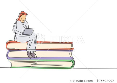 Continuous one line drawing Arab male studying with laptop and sitting on pile of big books. Back to campus, intelligent student, online education. Single line draw design vector graphic illustration 103692992