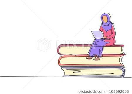 Continuous one line drawing Arabian female studying with laptop and sitting on pile of big books. Back to campus, intelligent student, online education. Single line design vector graphic illustration 103692993